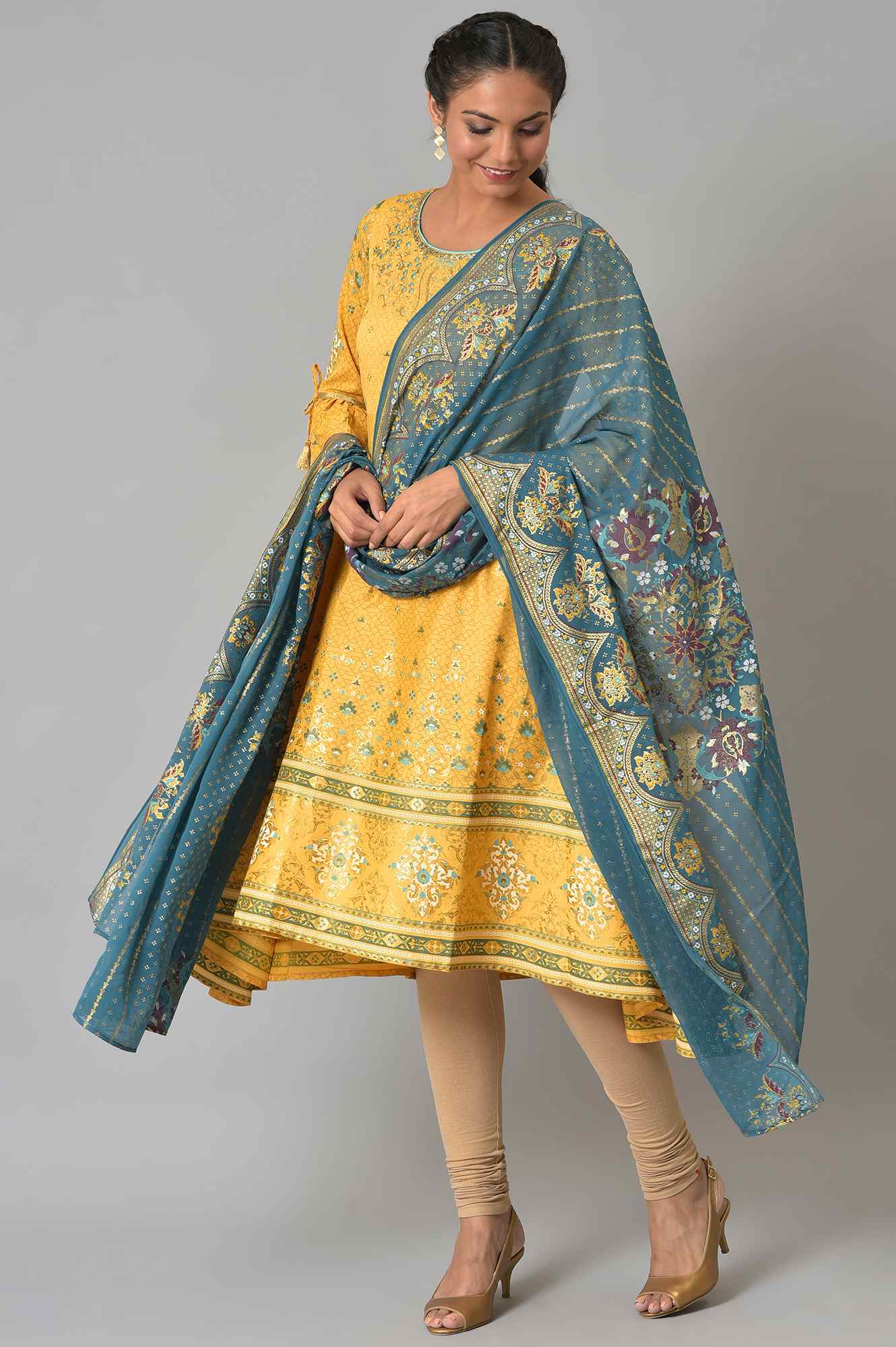 Blue Placement Print Silver Chiffon Dupatta