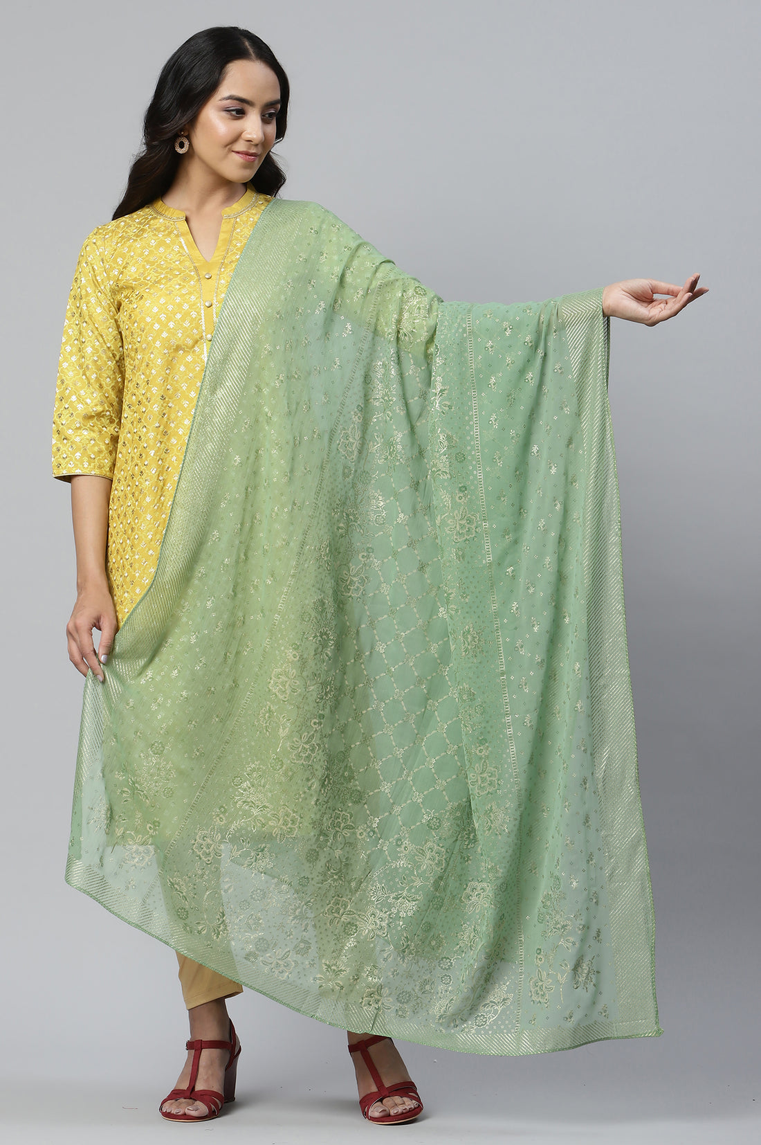 Light Green Floral Zari Print Chiffon Dupatta