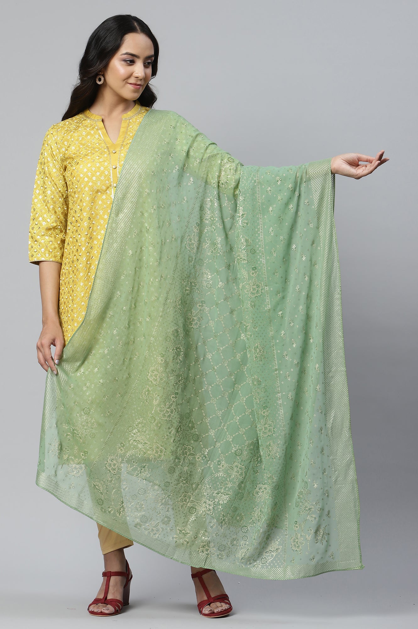 Light Green Floral Zari Print Chiffon Dupatta