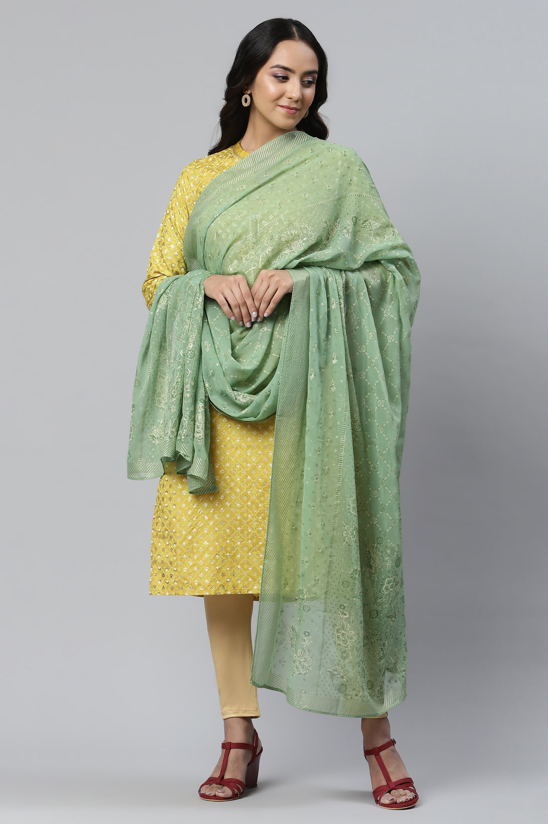 Light Green Floral Zari Print Chiffon Dupatta