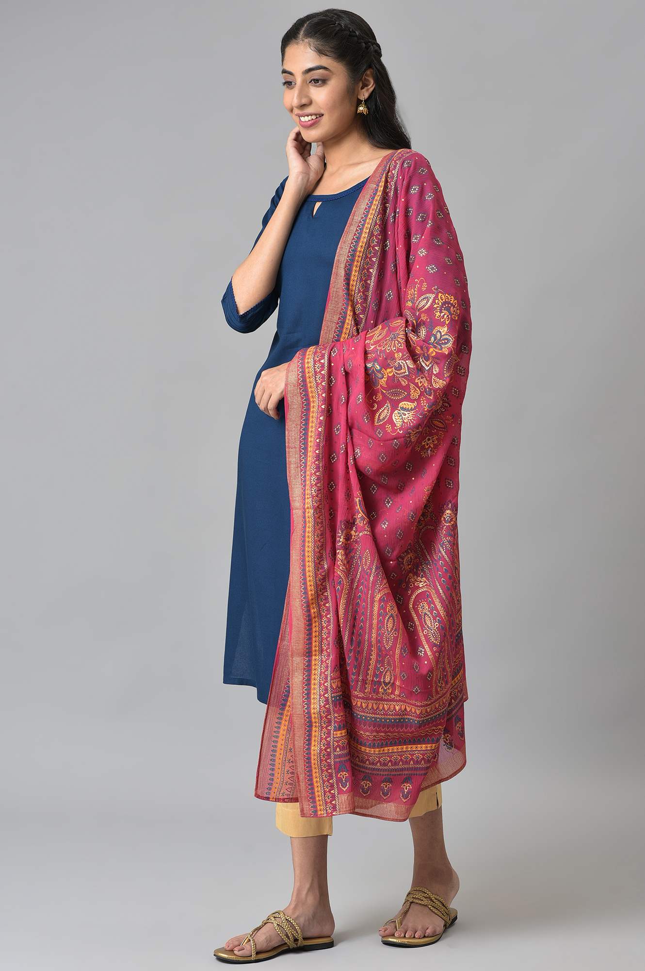 Pink Placement Print Silver Chiffon Dupatta