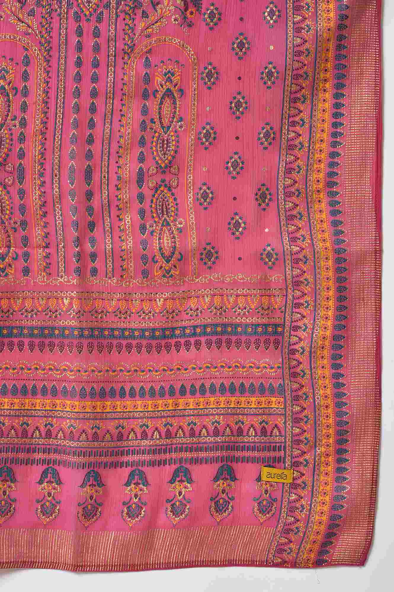 Pink Placement Print Silver Chiffon Dupatta