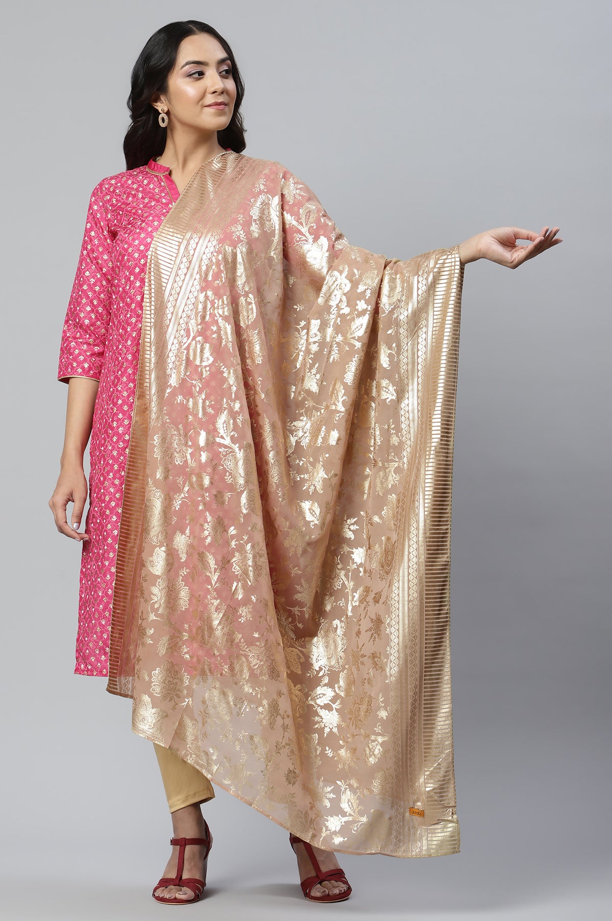 Pink Floral Gold Printed Rectangular Woven Dupatta - FS