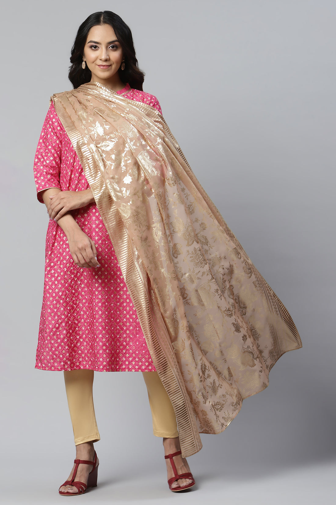 Pink Floral Gold Printed Rectangular Woven Dupatta