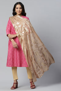 Pink Floral Gold Printed Rectangular Woven Dupatta