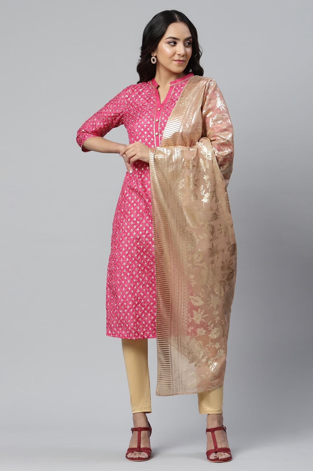 Pink Floral Gold Printed Rectangular Woven Dupatta