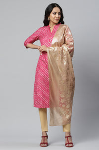 Pink Floral Gold Printed Rectangular Woven Dupatta