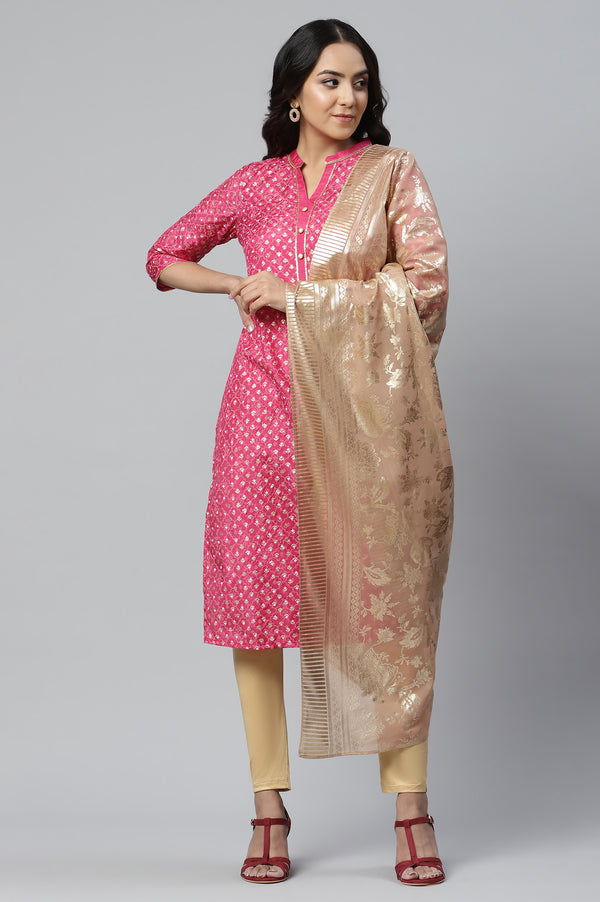 Pink Floral Gold Printed Rectangular Woven Dupatta