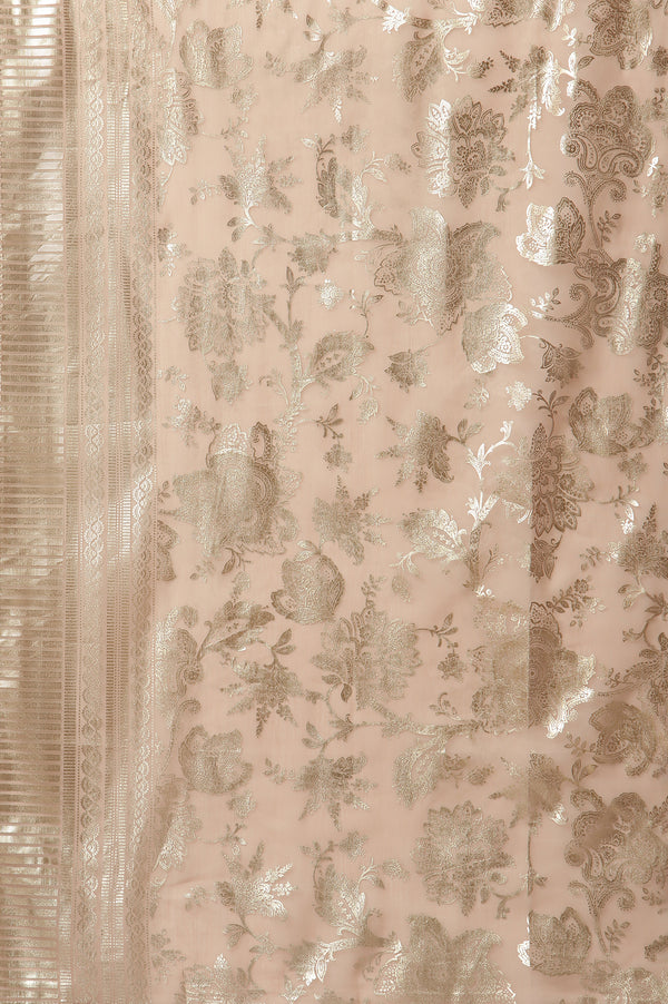 Pink Floral Gold Printed Rectangular Woven Dupatta
