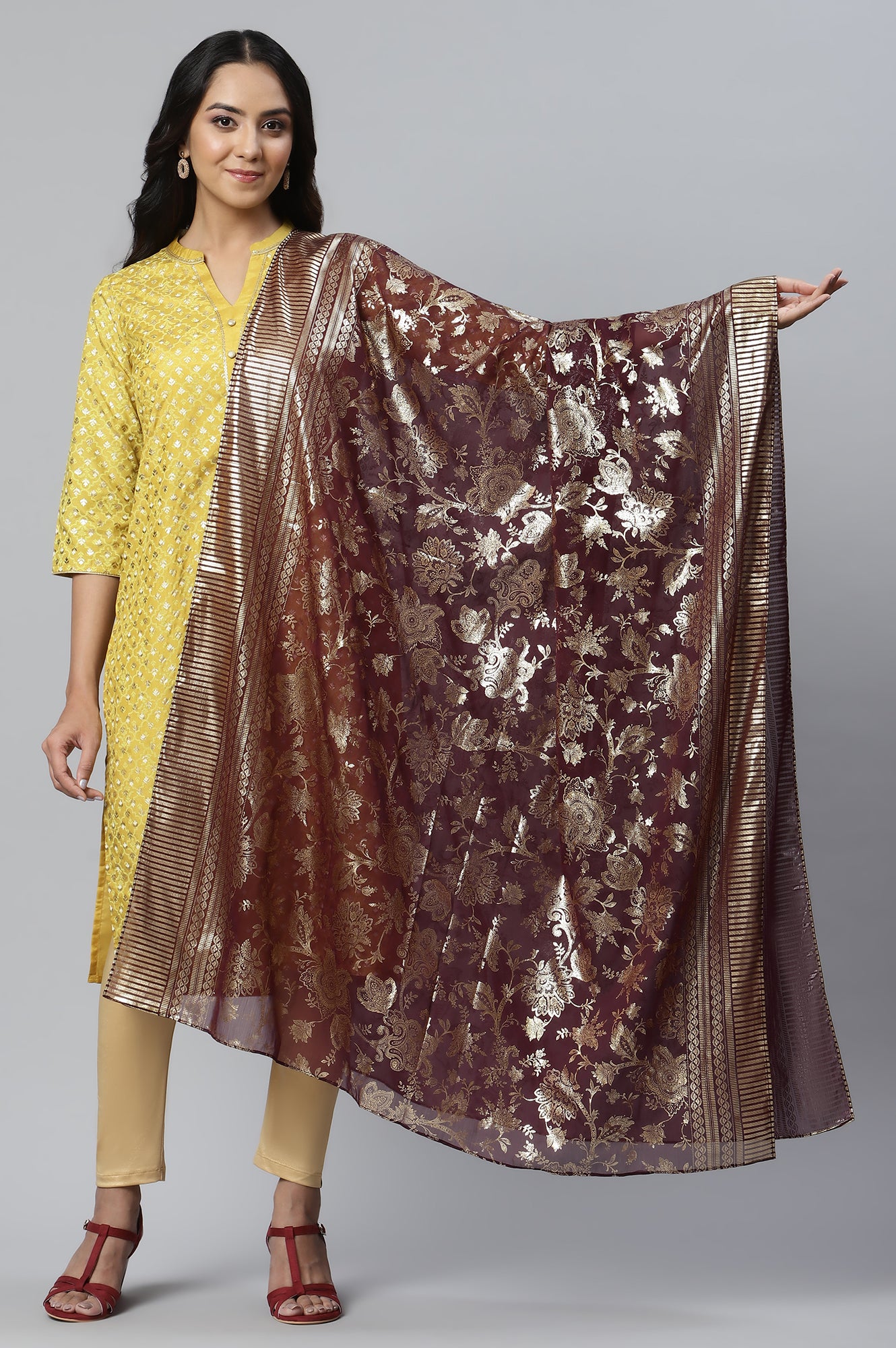 Maroon Silver Chiffon Floral Print Dupatta