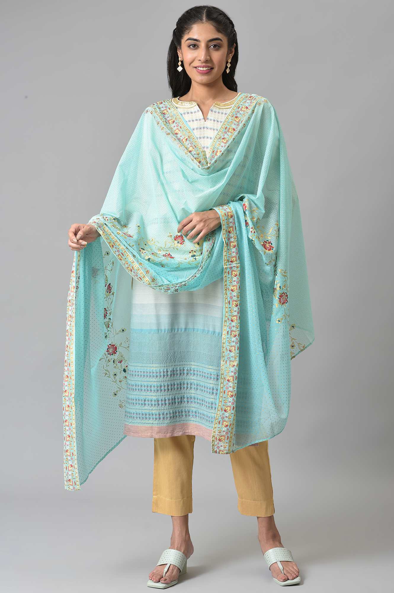 Blue Placement Print Silver Chiffon Dupatta