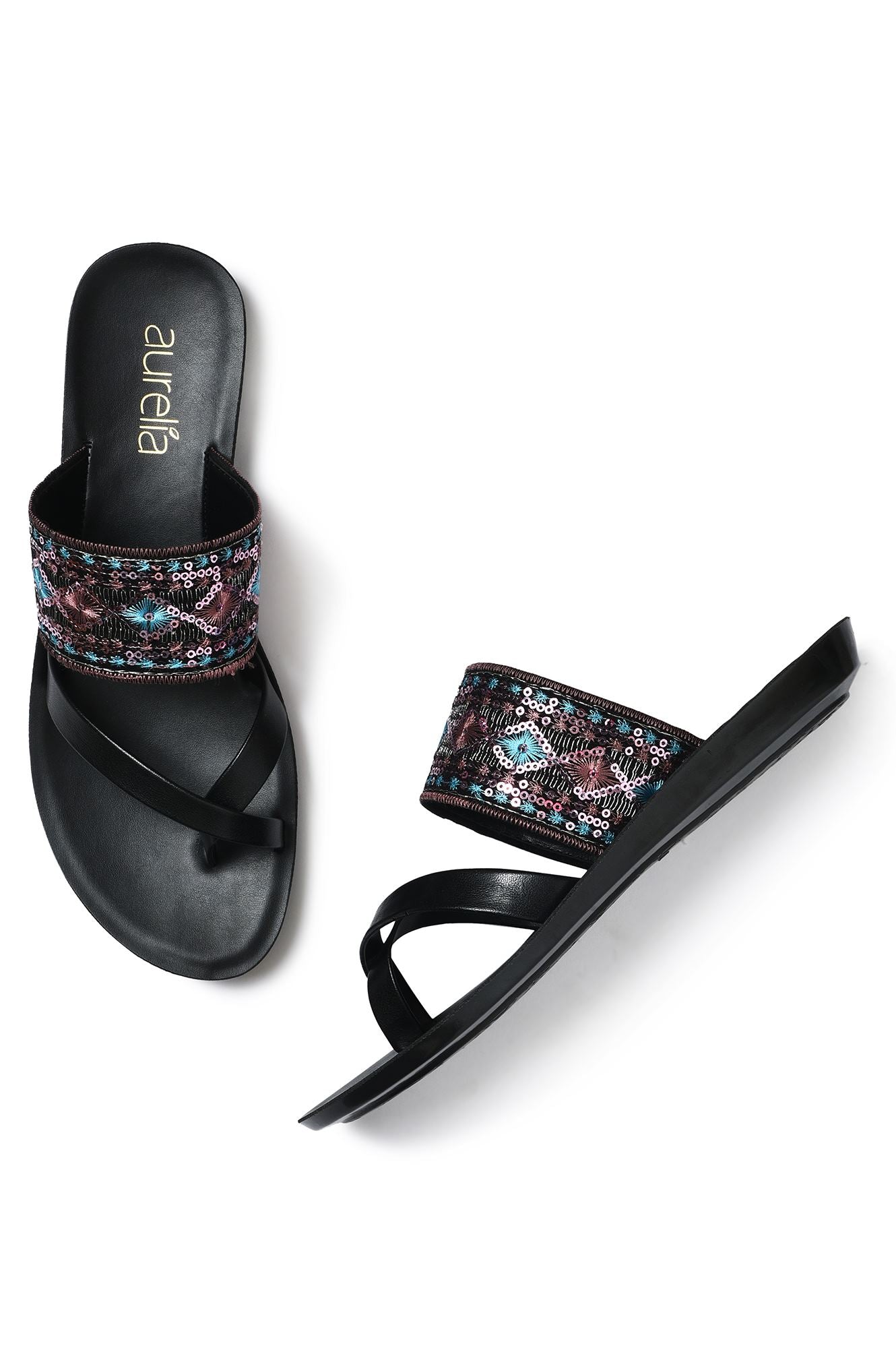 Aurelia Embroidered Black Almond Flat