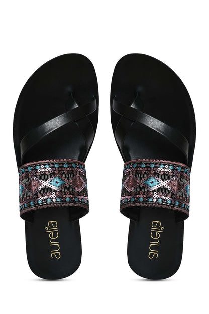 Aurelia Embroidered Black Almond Flat