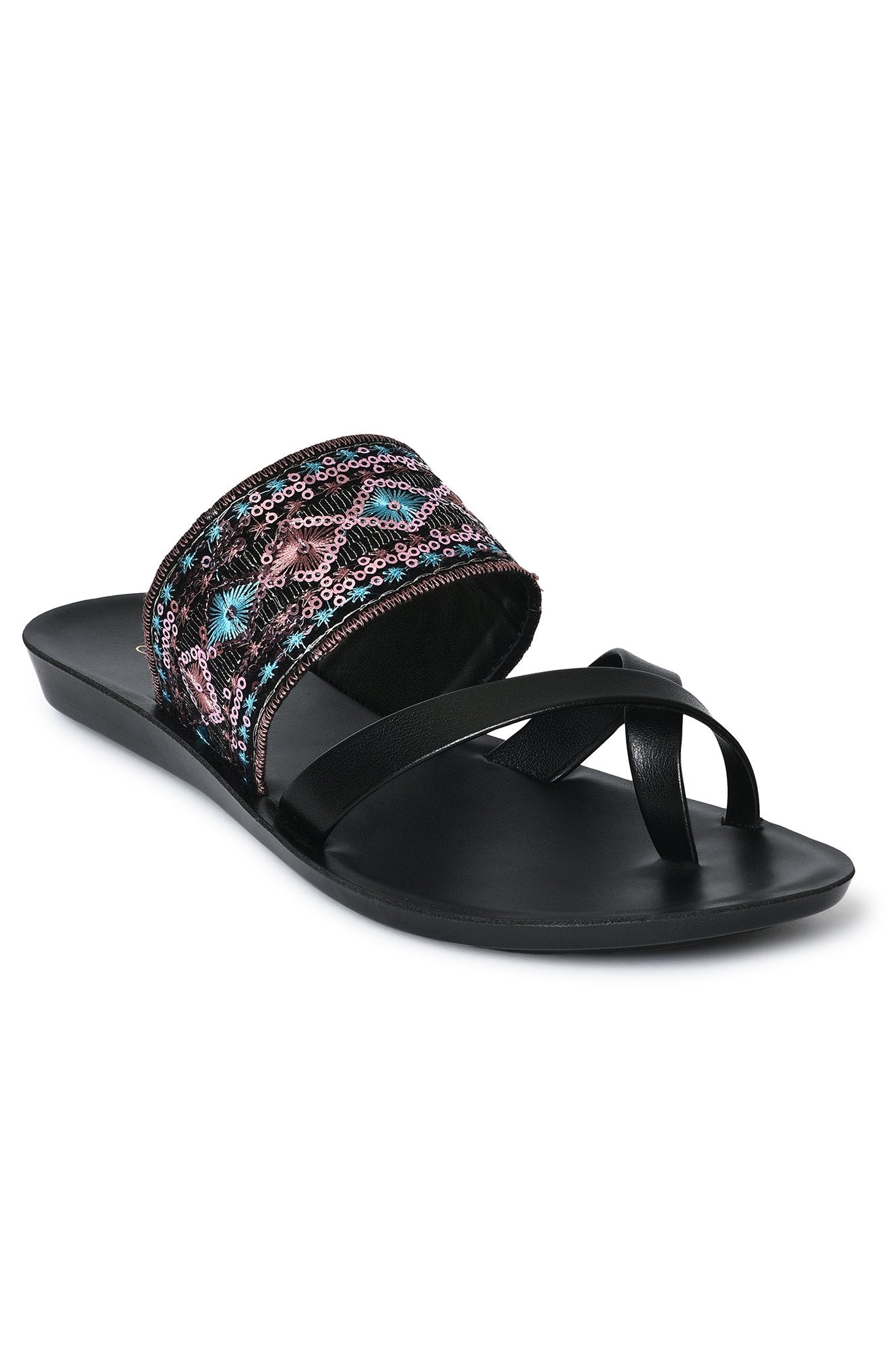 Aurelia Embroidered Black Almond Flat