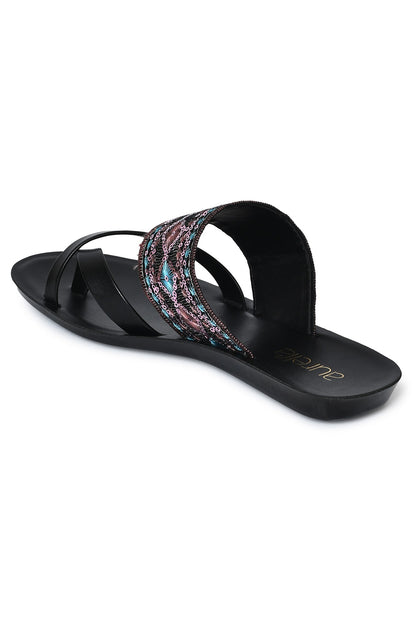 Aurelia Embroidered Black Almond Flat