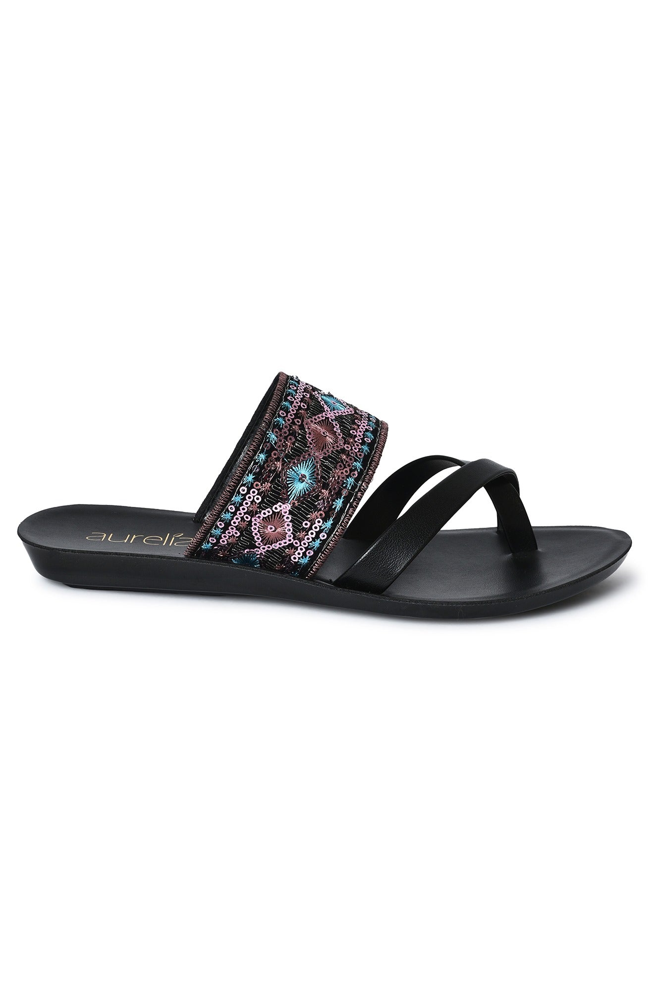 Aurelia Embroidered Black Almond Flat