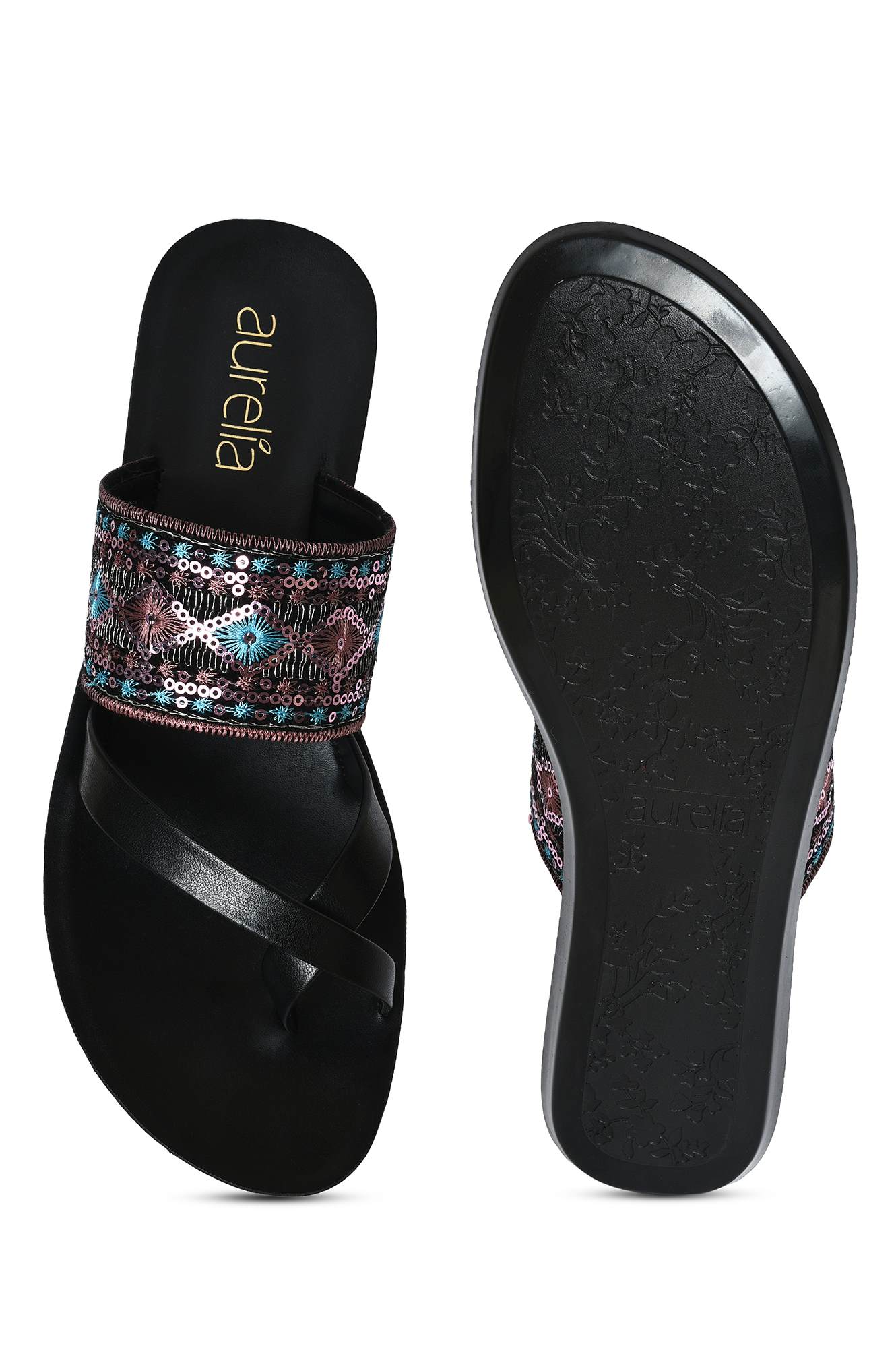 Aurelia Embroidered Black Almond Flat