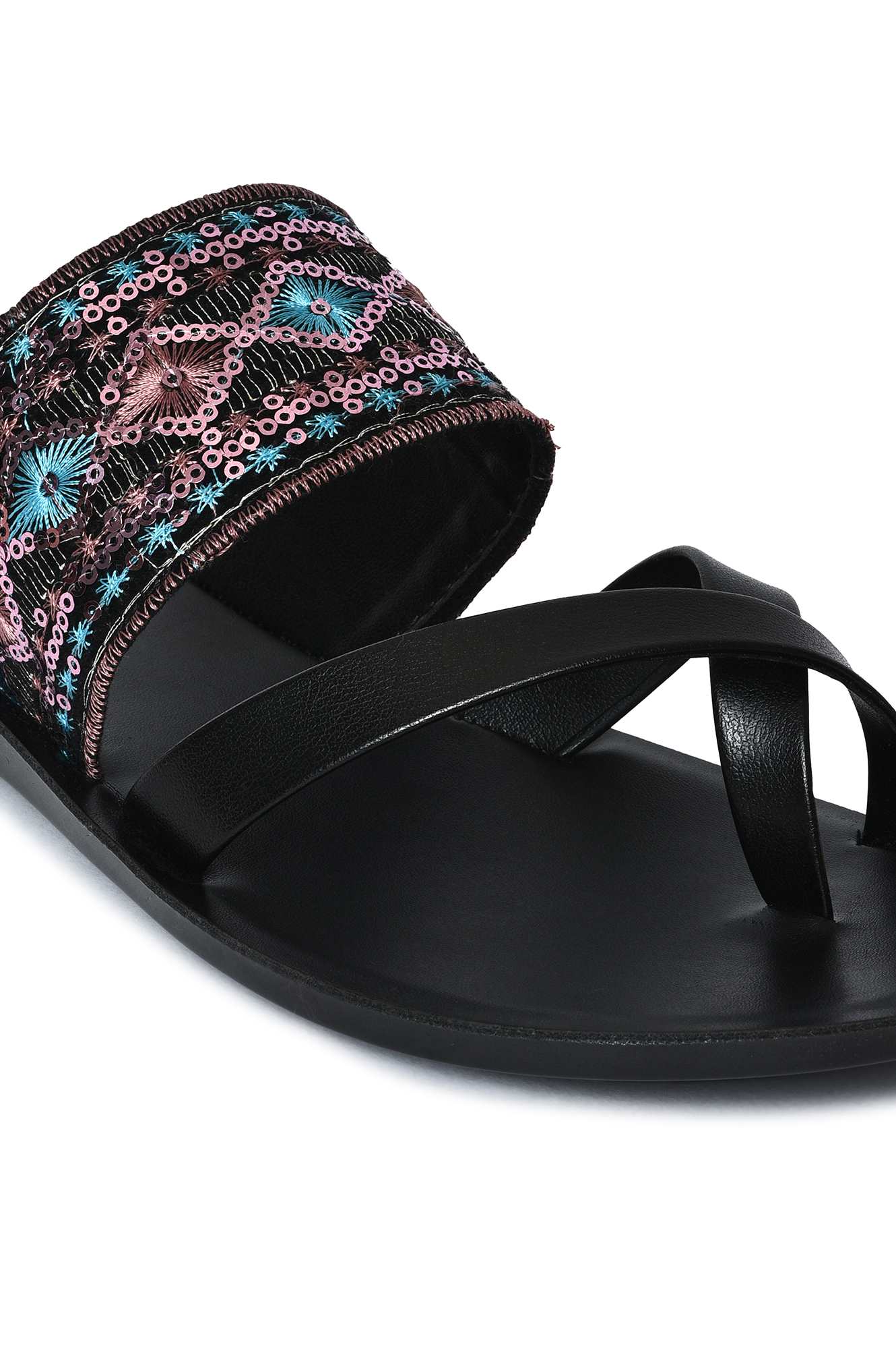 Aurelia Embroidered Black Almond Flat