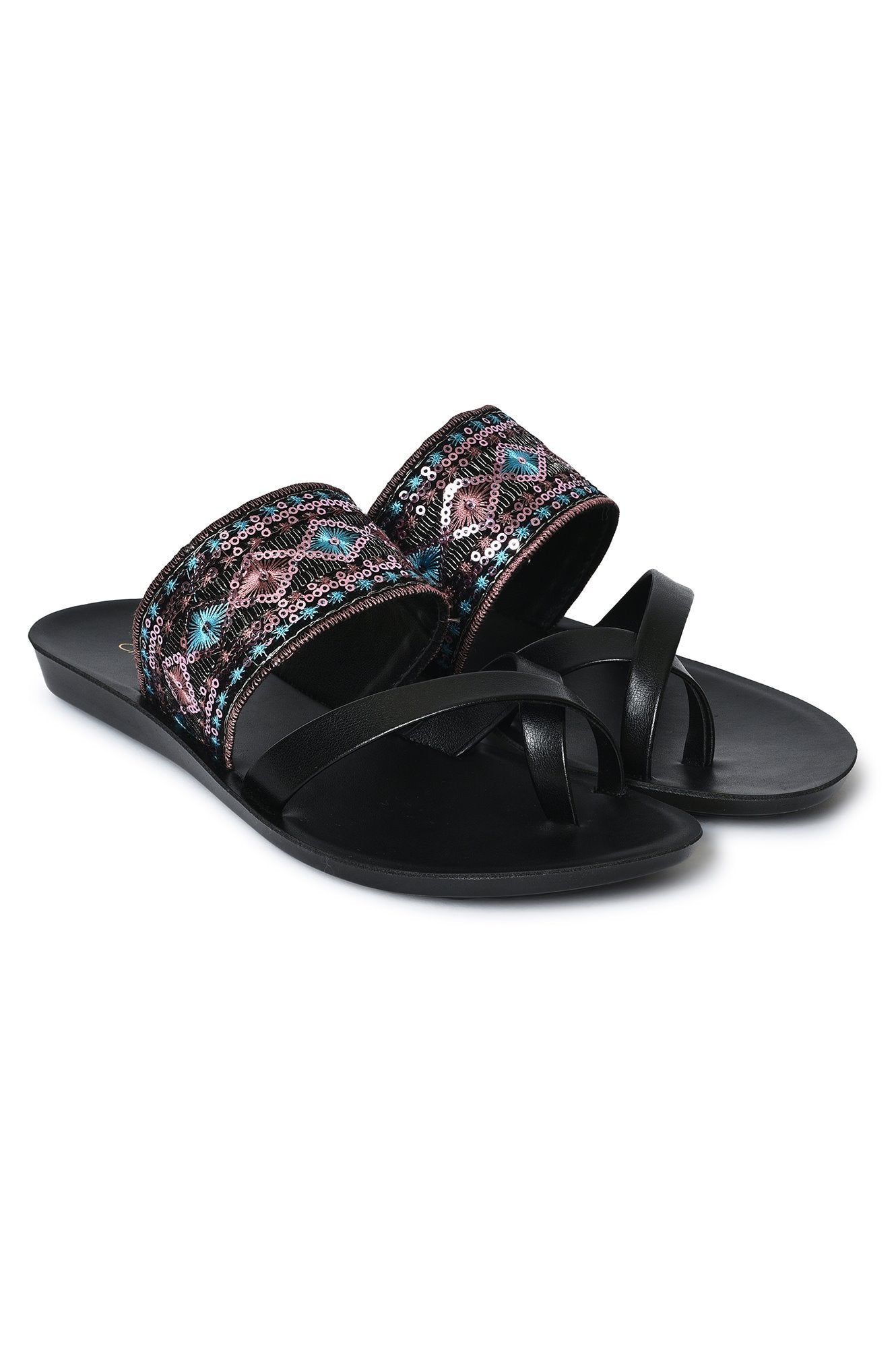 Aurelia Embroidered Black Almond Flat