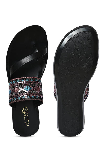 Aurelia Embroidered Black Almond Flat