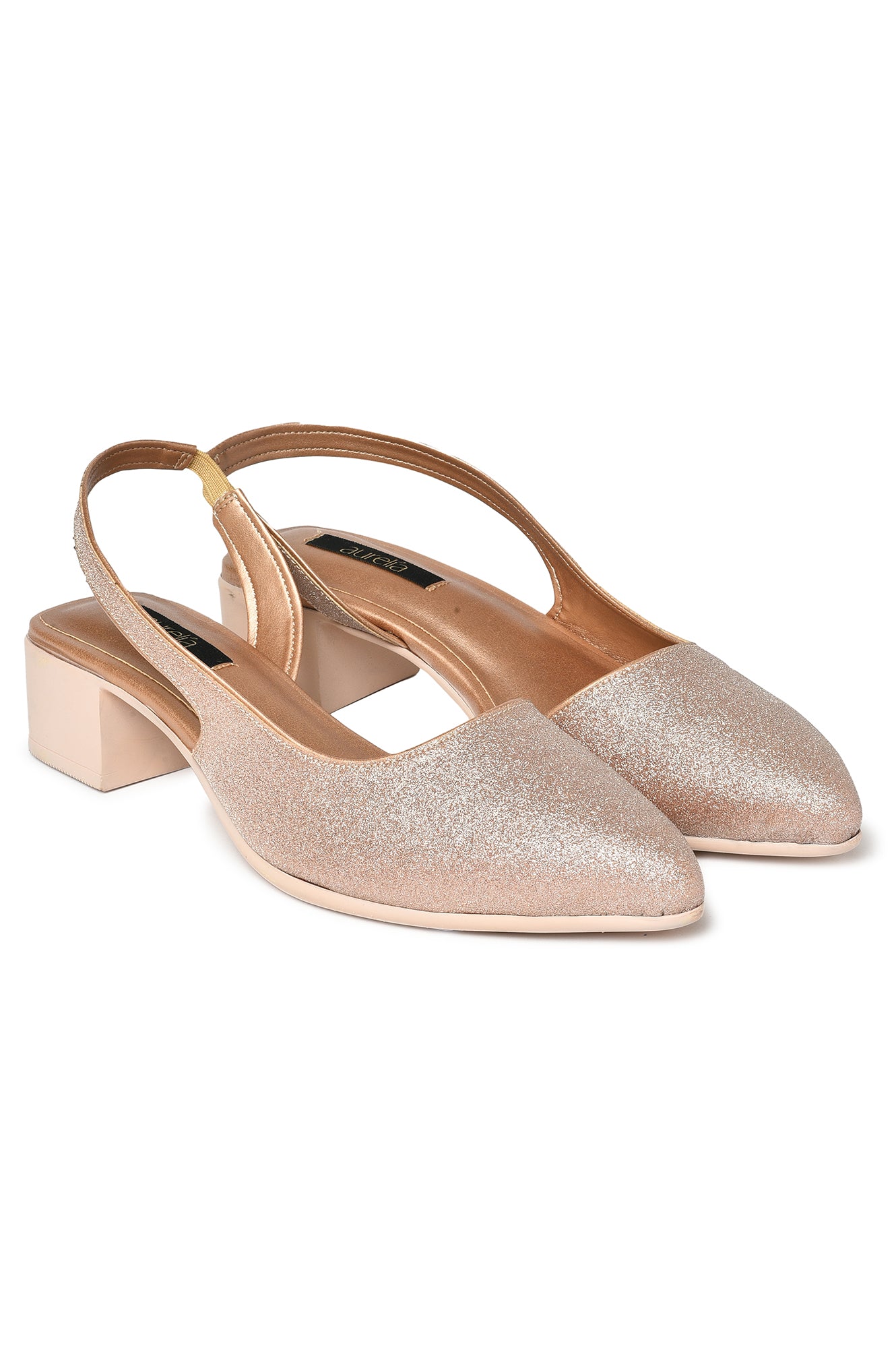 Aurelia Glitter Rose Gold Glitter Pointed Block Heel