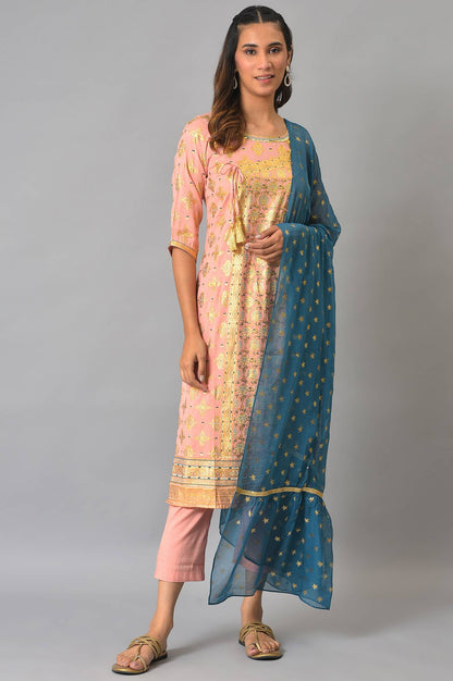 Peach Printed Ethnic kurta With Pants And Dupatta