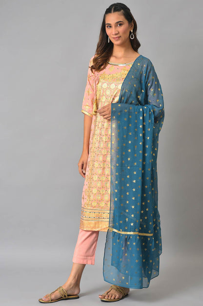 Peach Printed Ethnic kurta With Pants And Dupatta