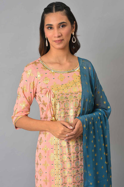 Peach Printed Ethnic kurta With Pants And Dupatta