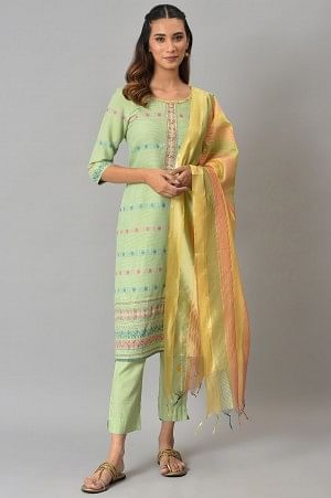 Green Yarn-Dyed kurta with Pants and Dupatta