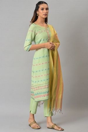 Green Yarn-Dyed kurta with Pants and Dupatta