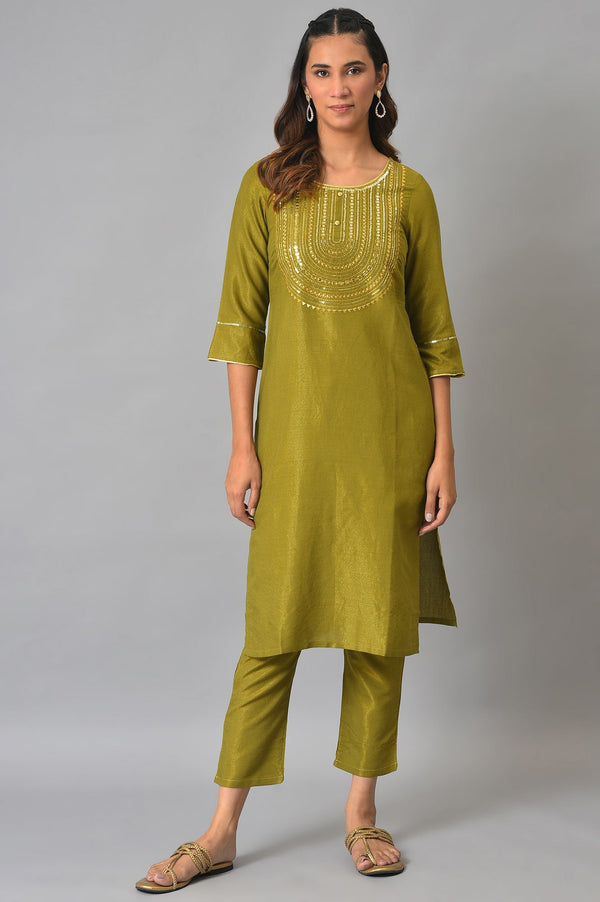 Green Zari Embroidered Kurta with Straight Palazzo Set