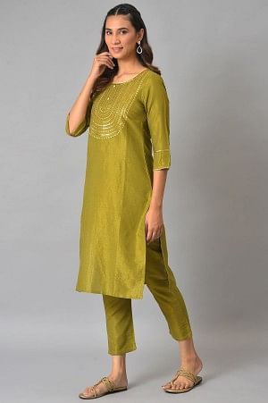 Green Zari Embroidered Kurta With Straight Palazzo