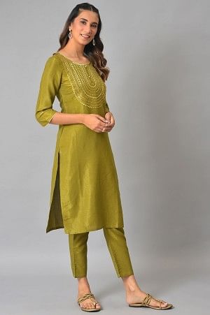 Green Zari Embroidered Kurta with Straight Palazzo Set