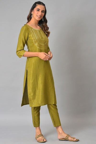 Green Zari Embroidered Kurta with Straight Palazzo Set