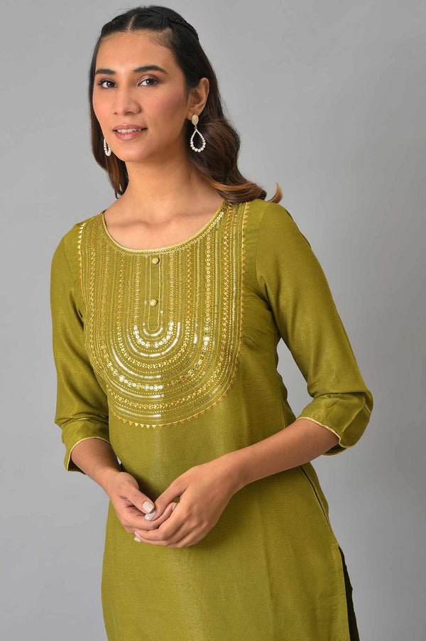 Green Zari Embroidered Kurta with Straight Palazzo Set