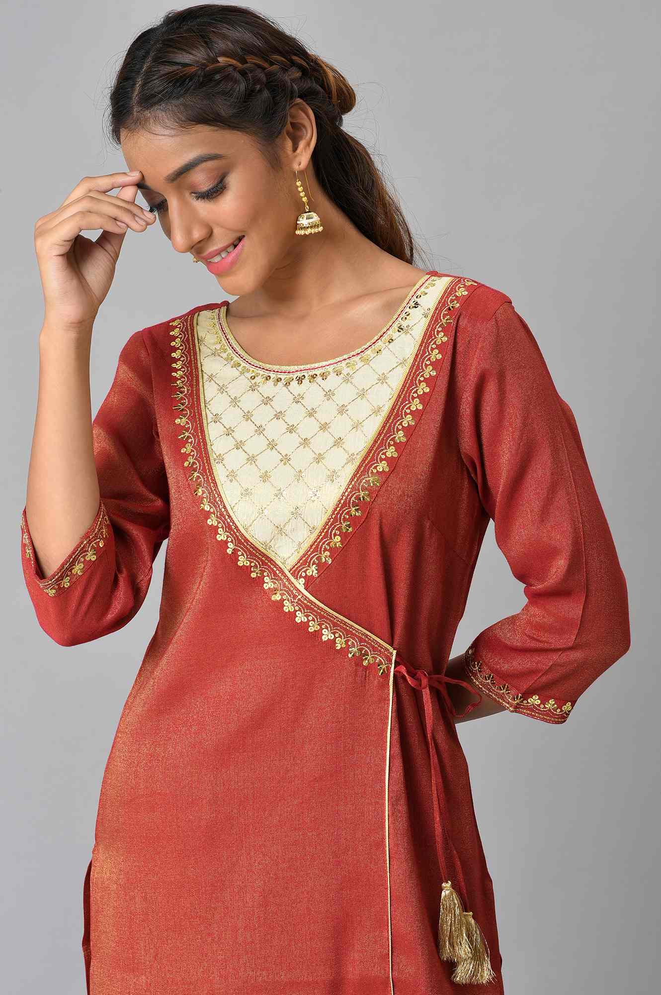 Red Zari Embroidered kurta and Straight Palazzo Set