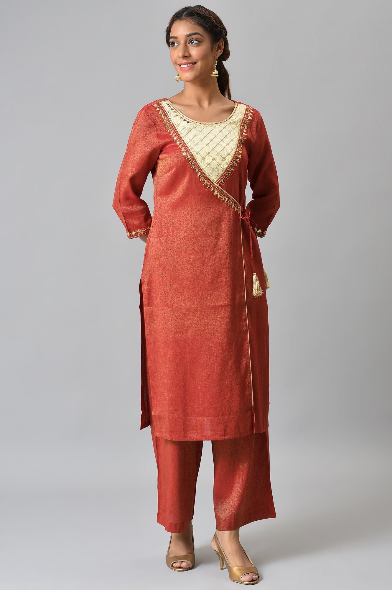 Red Zari Embroidered kurta and Straight Palazzo Set