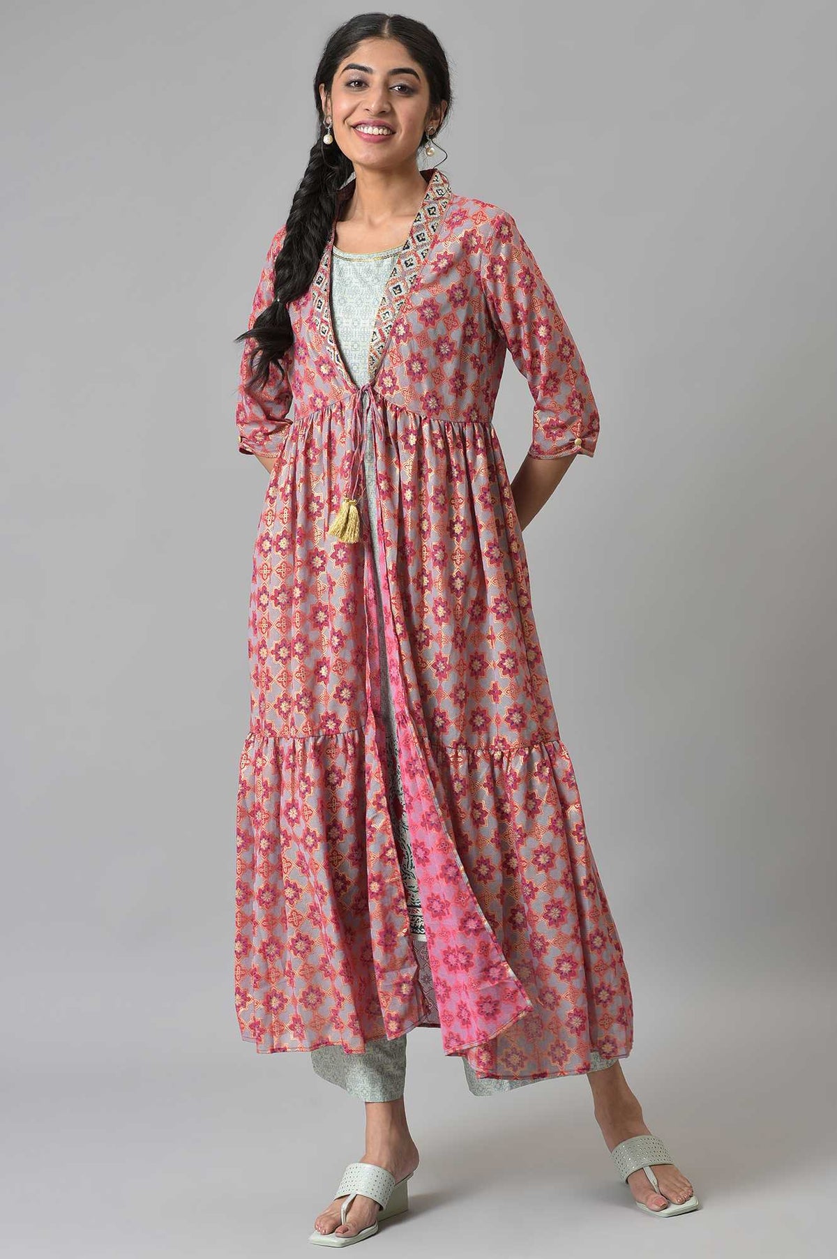 Green LIVA Printed kurta and Palazzo with Pink Poly Georgette Gillet - XS