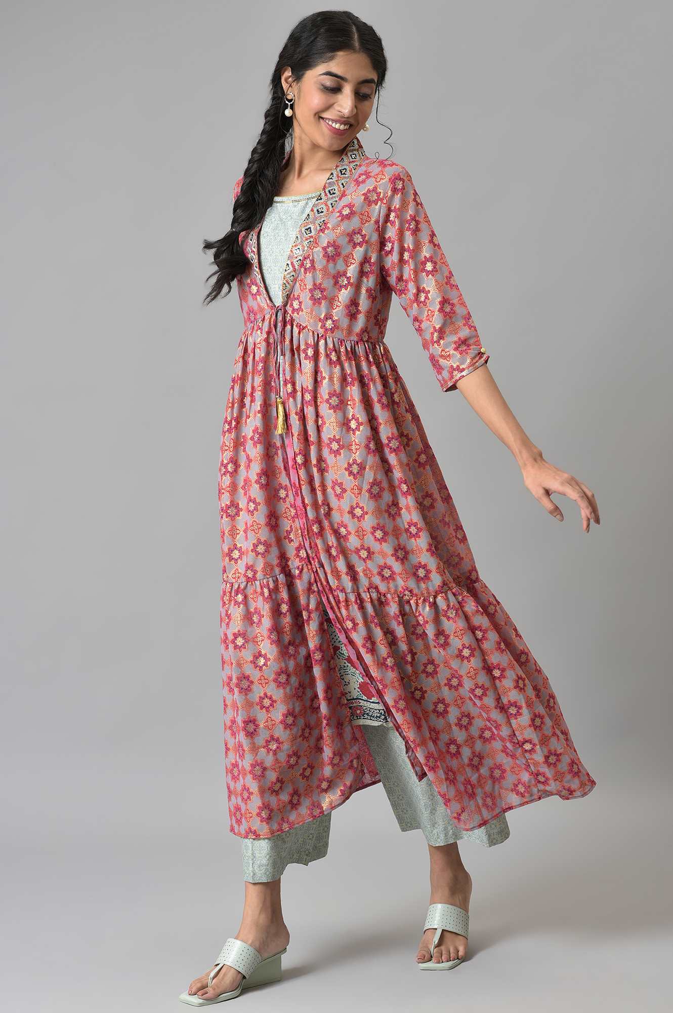 Green LIVA Printed kurta and Palazzo with Pink Poly Georgette Gillet