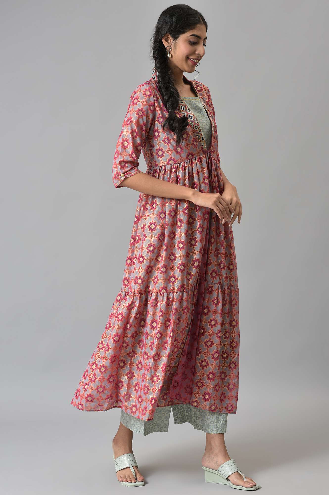 Green LIVA Printed kurta and Palazzo with Pink Poly Georgette Gillet