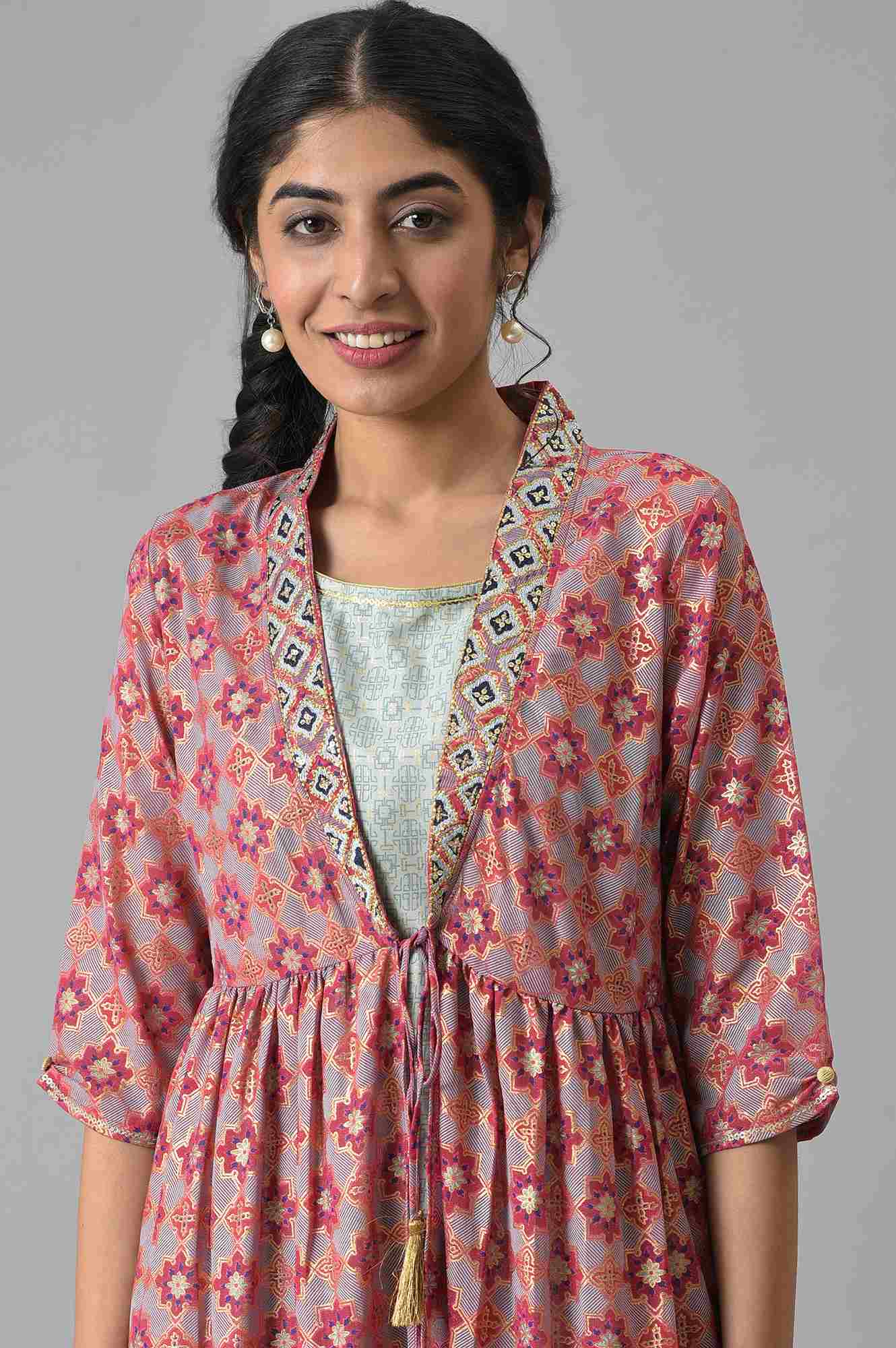 Green LIVA Printed kurta and Palazzo with Pink Poly Georgette Gillet