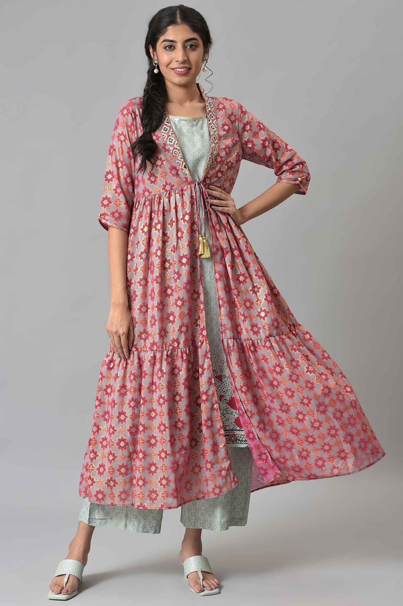 Green LIVA Printed kurta and Palazzo with Pink Poly Georgette Gillet