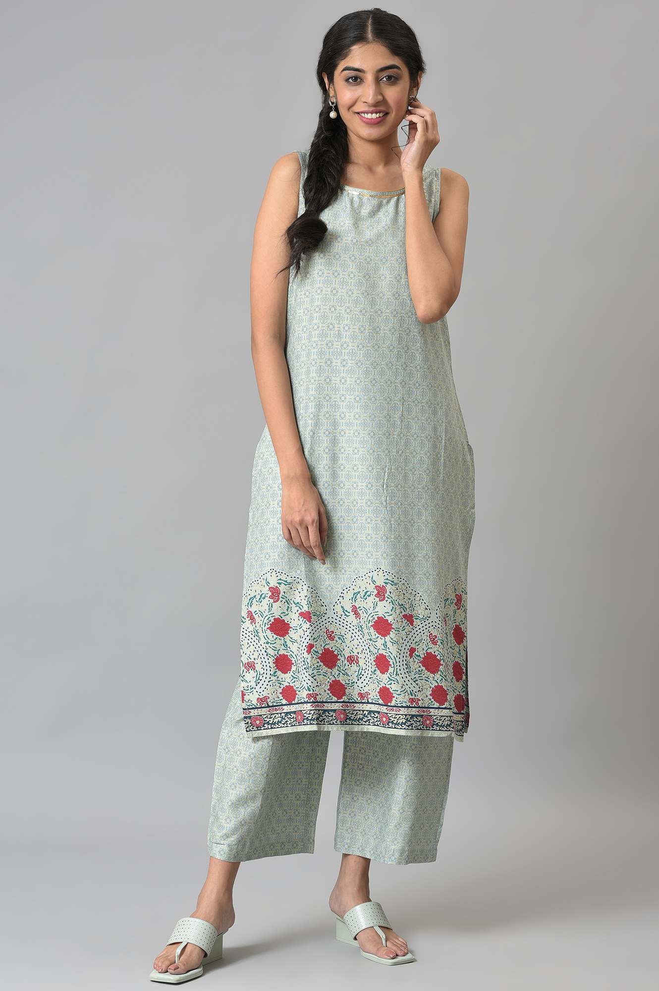 Green LIVA Printed kurta and Palazzo with Pink Poly Georgette Gillet