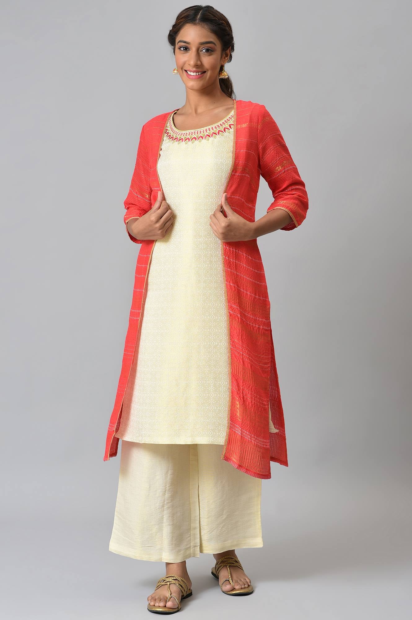 Red Yarn-dyed Gillet with Off-White Sleeveless kurta and Palazzo