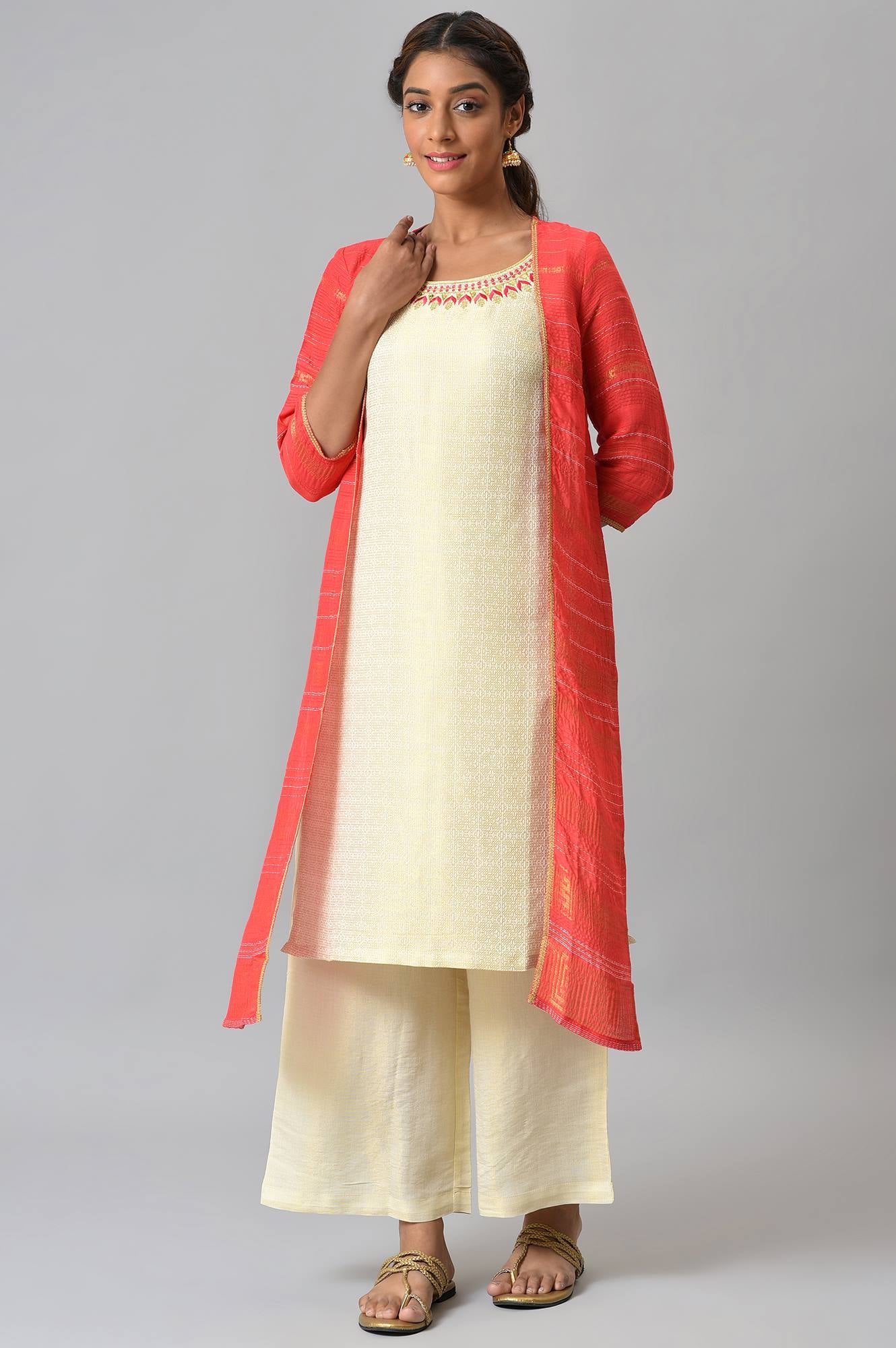 Red Yarn-dyed Gillet with Off-White Sleeveless kurta and Palazzo