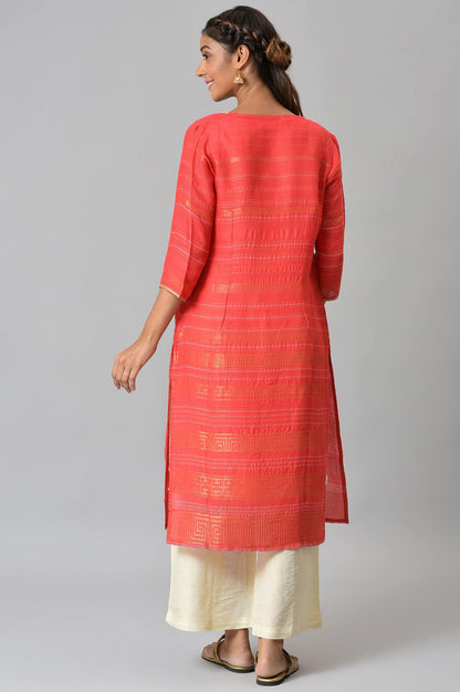 Red Yarn-dyed Gillet with Off-White Sleeveless kurta and Palazzo