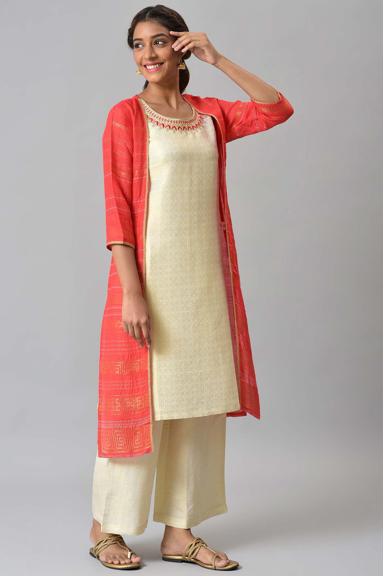 Red Yarn-dyed Gillet with Off-White Sleeveless kurta and Palazzo