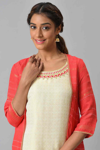 Red Yarn-dyed Gillet with Off-White Sleeveless kurta and Palazzo