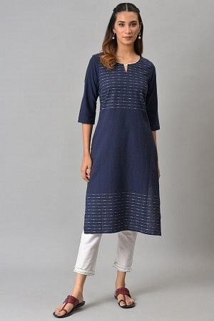 Dark Blue Cotton Dobby kurta With White Trousers