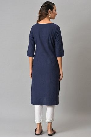 Dark Blue Cotton Dobby kurta With White Trousers